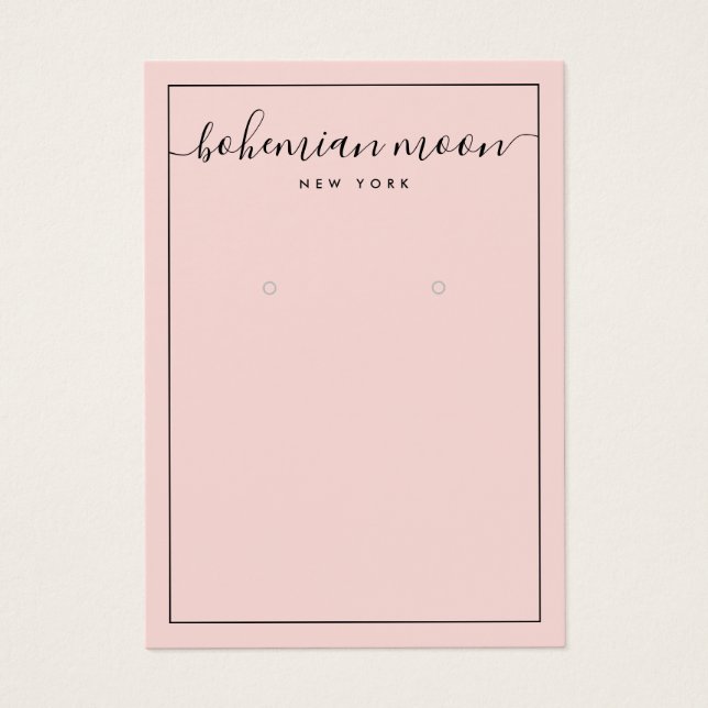 Modern pink and black script earring display card (Front)