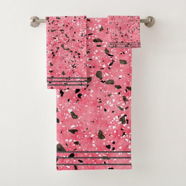 Modern Pink and Black Terrazzo Bath Towel Set (Insitu)