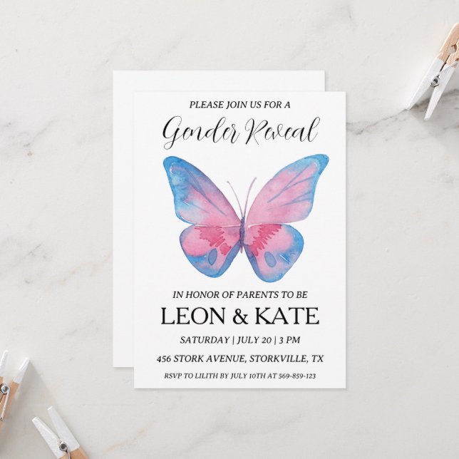 modern pink and blue gender reveal invitations (Front/Back In Situ)