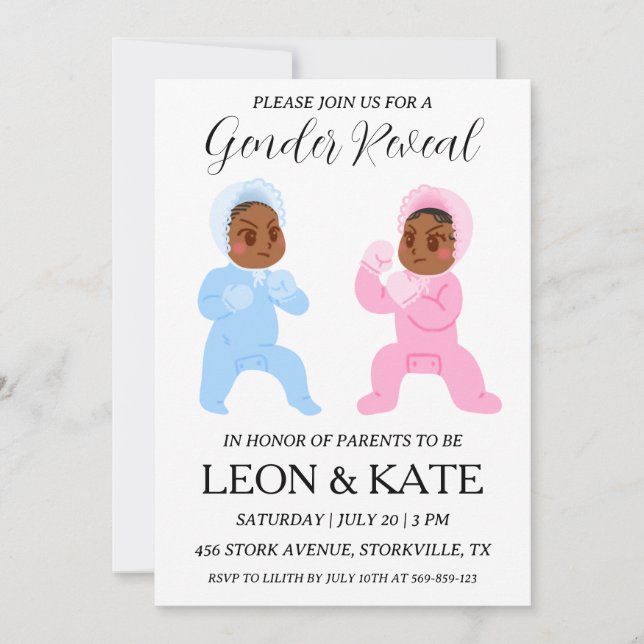modern pink and blue gender reveal invitations (Front)