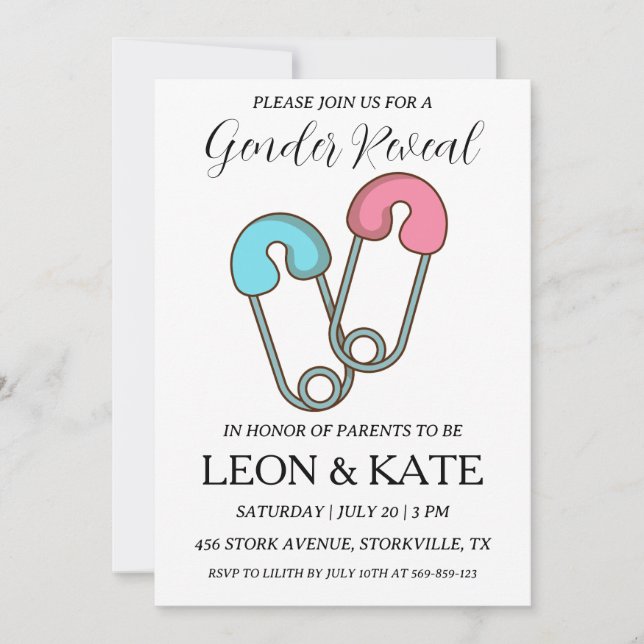modern pink and blue gender reveal invitations (Front)