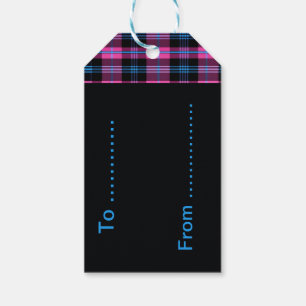 Modern Pink And Blue Plaid (Black Back/Blue Text) Gift Tags
