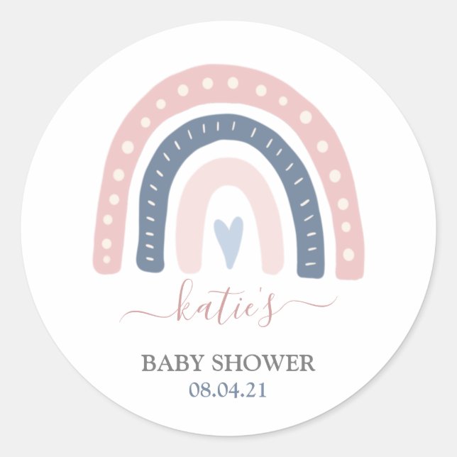 Modern Pink and Blue Rainbow Baby Shower Classic Round Sticker (Front)