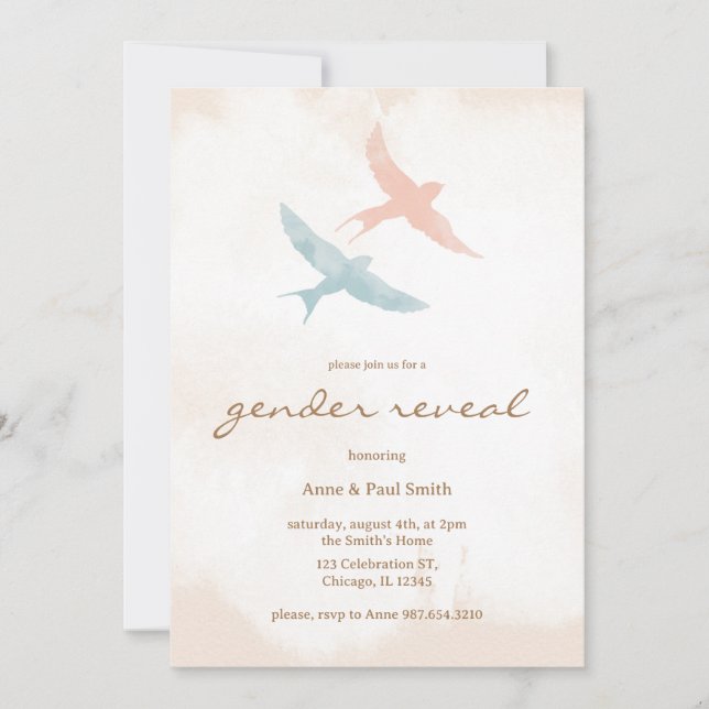 Modern Pink and Blue simple birds gender reveal Invitation (Front)