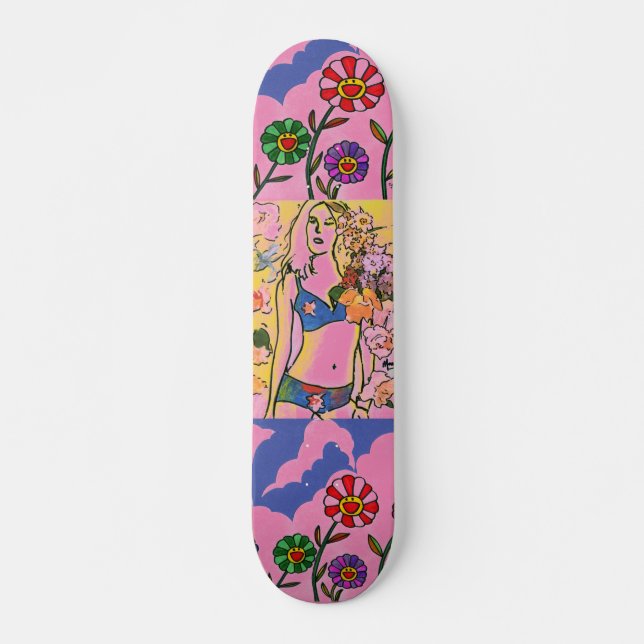 Modern pink and blue watercolor floral girl skateboard (Front)
