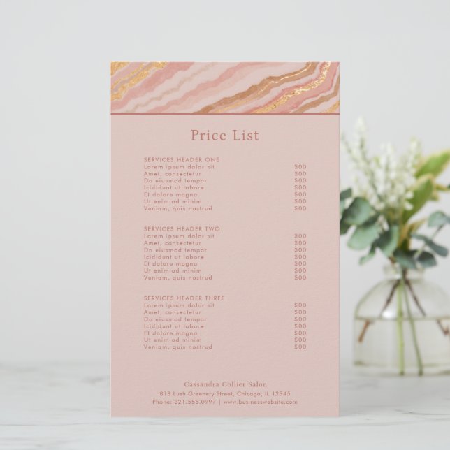 Modern Pink and Gold Abstract Elegant Price List (Standing Front)