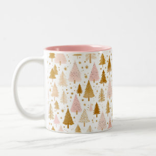Modern Pink and Gold Christmas Tree Pattern Two-Tone Coffee Mug