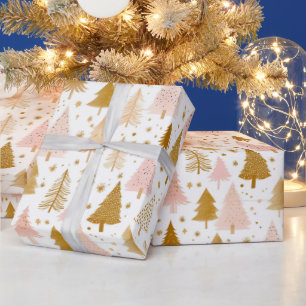 Modern Pink and Gold Christmas Tree Pattern Wrapping Paper