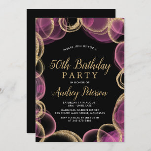 Modern Pink and Gold Circle Black 50th Birthday Invitation
