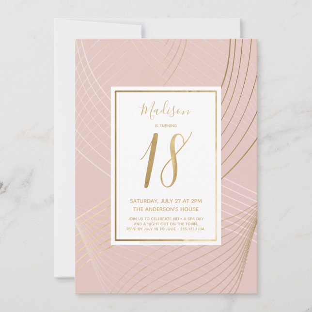 Modern Pink and Gold Eighteenth, 18th, Birthday Invitation (Front)
