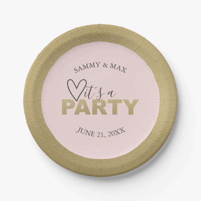 Modern Pink and Gold Girly Heart Party Paper Plate (Front)