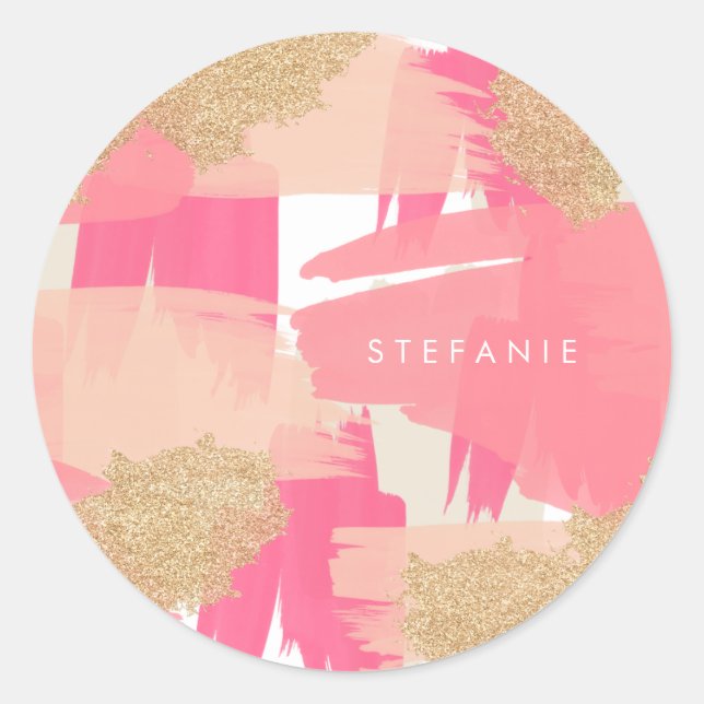 Modern Pink and Gold Glitter Abstract Pattern Classic Round Sticker (Front)