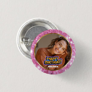 Modern Pink and Gold Glitter Photo Name Birthday 3 Cm Round Badge