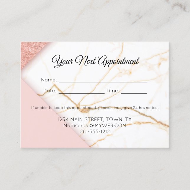 Modern Pink and Gold Marble Appointment Card (Front)