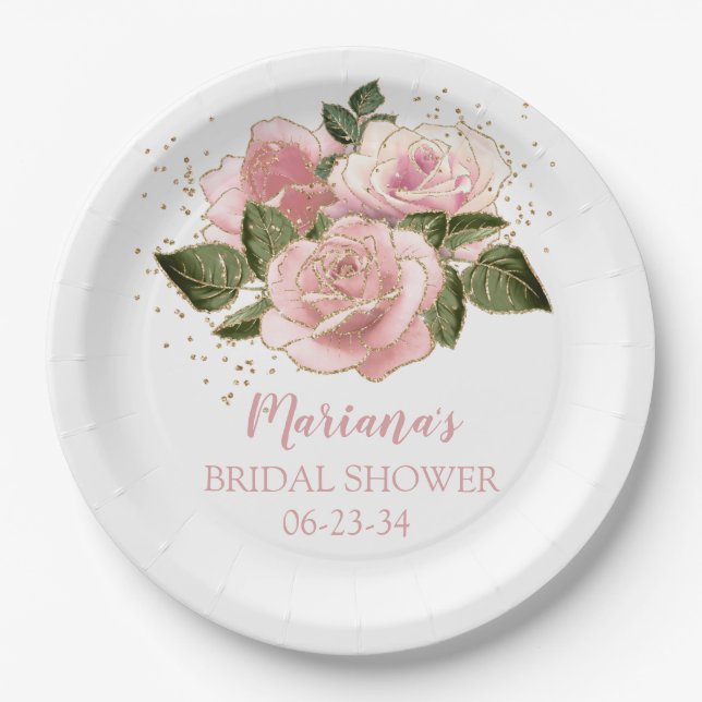 Modern Pink and Gold Roses Bridal Shower Paper Plate (Front)