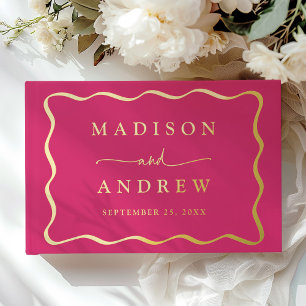 Modern Pink and Gold Wavy Frame Photo Wedding Guest Book