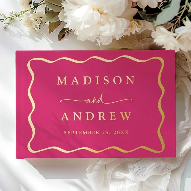 Modern Pink and Gold Wavy Frame Photo Wedding Guest Book (Creator Uploaded)
