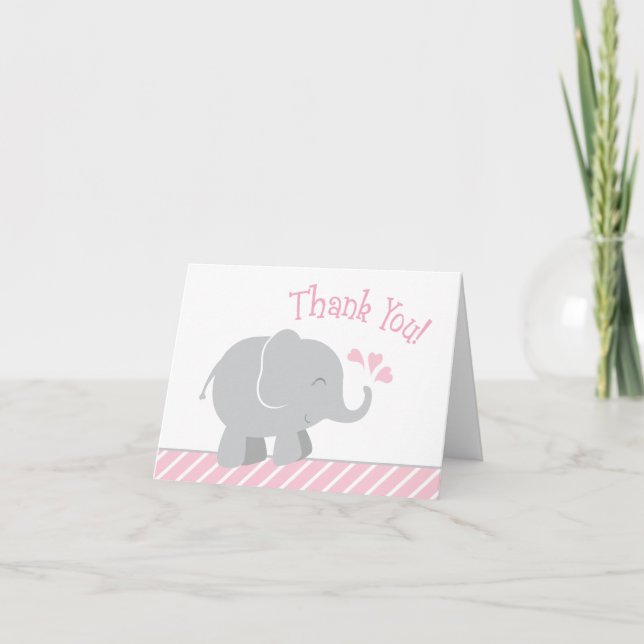 Modern Pink and Gray Elephant Girl Baby Shower Thank You Card (Front)
