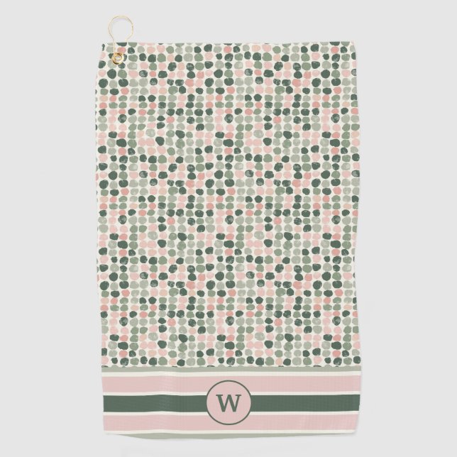 Modern Pink and Green Abstract Polka Dots Golf Towel (Front)