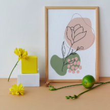 Modern Pink And Green Abstract Rose Line Art Poste