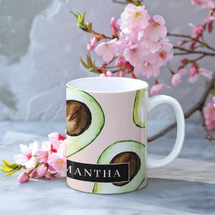Modern  Pink And Green Avocado Pattern With Name Coffee Mug