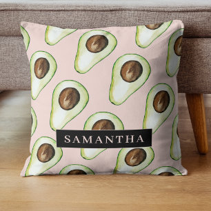 Modern  Pink And Green Avocado Pattern With Name Cushion