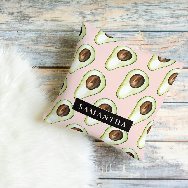 Modern  Pink And Green Avocado Pattern With Name Cushion (Creator Uploaded)