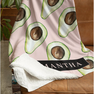 Modern  Pink And Green Avocado Pattern With Name Fleece Blanket