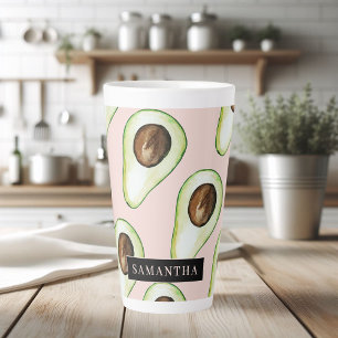Modern  Pink And Green Avocado Pattern With Name Latte Mug