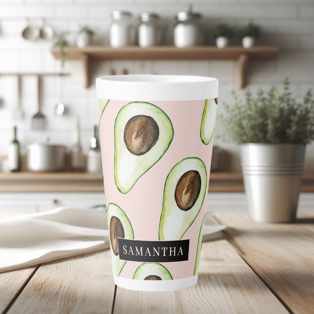 Modern  Pink And Green Avocado Pattern With Name Latte Mug (Creator Uploaded)