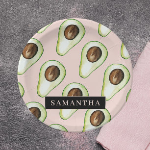 Modern  Pink And Green Avocado Pattern With Name Paper Plate