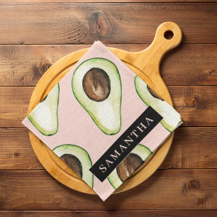 Modern  Pink And Green Avocado Pattern With Name Tea Towel