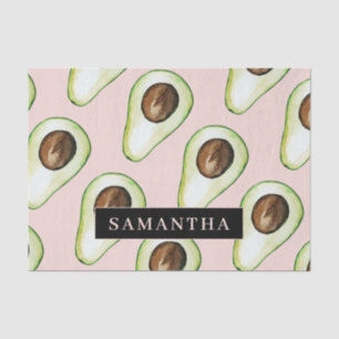 Modern  Pink And Green Avocado Pattern With Name Tissue Paper