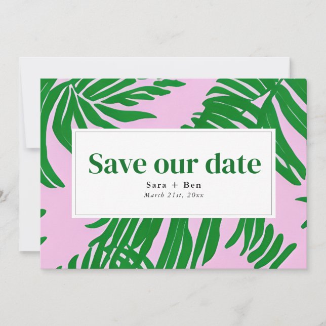 Modern Pink and Green Beach Palm Tree Wedding Save The Date (Front)