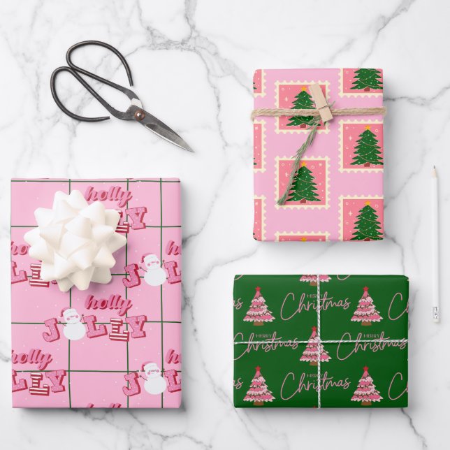 Modern Pink and Green Christmas Wrapping Paper (Front)