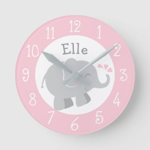 Modern Pink and Grey Elephant Custom Monogram Round Clock