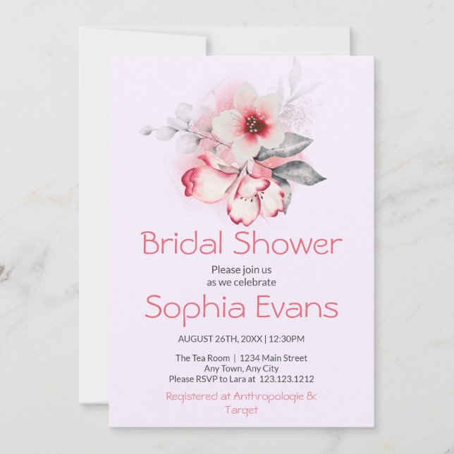 Modern Pink and Grey Floral Purple Bridal Shower Invitation (Front)
