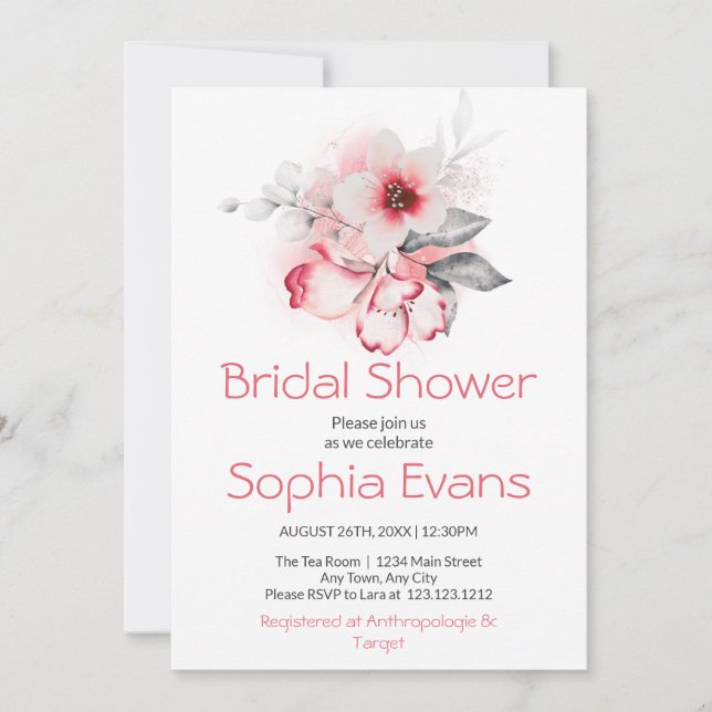 Modern Pink and Grey Floral White Bridal Shower Invitation (Front)