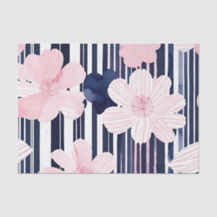 Modern Pink and Navy Floral Stripes Tissue Paper