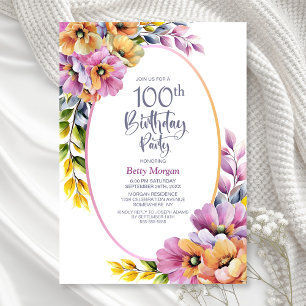 Modern Pink and Orange Floral 100th Birthday Party Invitation