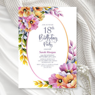 Modern Pink and Orange Floral 18th Birthday Party Invitation