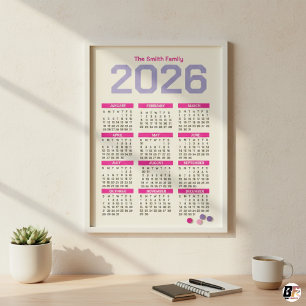 Modern Pink and Purple 2026 Yearly Family Calendar
