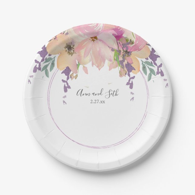 Modern Pink and Purple Bouquet Floral Wedding Paper Plate (Front)