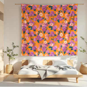 Modern Pink and Purple Floral on Orange Fleece Blanket