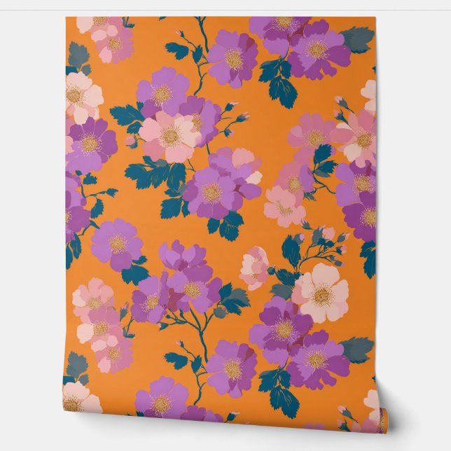 Modern Pink and Purple Floral on Orange  Wallpaper (Unrolling)
