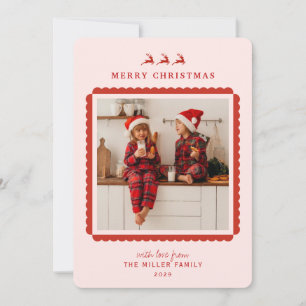 Modern Pink and red border Christmas photo Holiday Card