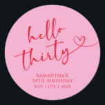 Modern Pink and Red Hello 30th Birthday Classic Round Sticker<br><div class="desc">Add a chic finishing touch to your celebration with this modern Pink and Red “Hello 30” square sticker. Perfect for sealing favor bags,  decorating gift boxes,  or adding to party invites,  this elegant design keeps your theme cohesive and stylish for a memorable 30th birthday celebration</div>