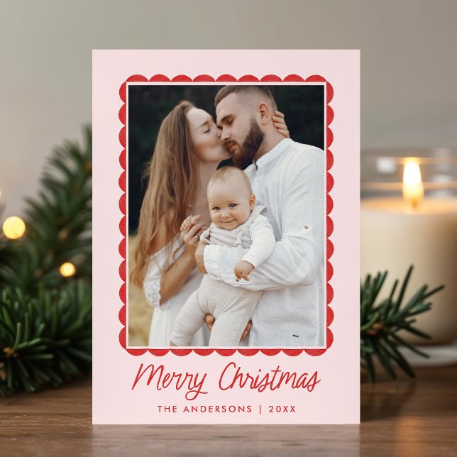Modern Pink and Red Scalloped Frame 2 Photo Holiday Card (Creator Uploaded)
