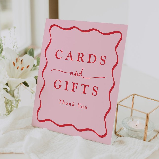 Modern Pink and Red Wavy Frame Cards and Gifts Pedestal Sign (Creator Uploaded)