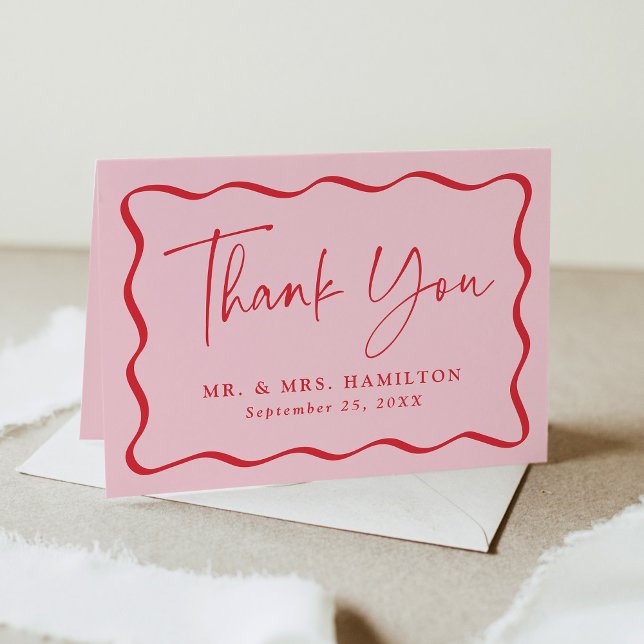 Modern Pink and Red Wavy Frame Photo Wedding Thank You Card (Creator Uploaded)